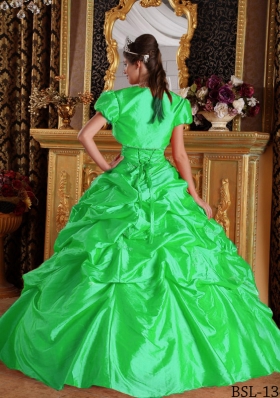 2014 Pretty Green Puffy Sweetheart with Appliques Taffeta Quinceanera Dress