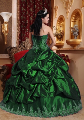 2014 Pretty Hunter Green Puffy Sweetheart Appliques Quinceanera Dress with Pick-ups