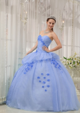 2014 Pretty Light Blue Puffy Sweetheart Appliques Quinceanera Dresses