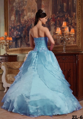 2014 Puffy Strapless Ruffles and Beading Quinceanera Gowns with Appliques