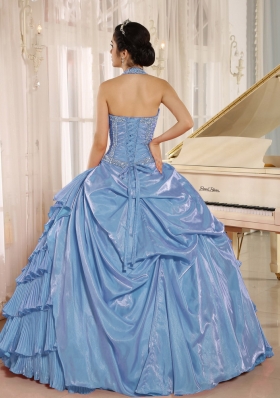 Aqua Blue Halter Top Pleat and Beading Quinceanera Dresses for 2014