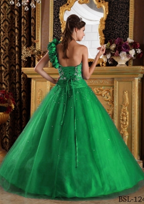 Brand New Green Princess One Shoulder with Beading Quinceanera Dress for 2014