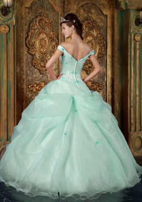 Cute Apple Green Puffy Off The Shoulder Appliques Quinceanera Dresses for 2014