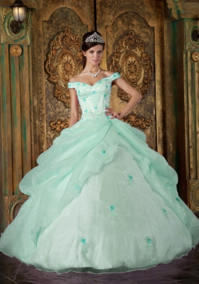 Cute Apple Green Puffy Off The Shoulder Appliques Quinceanera Dresses for 2014