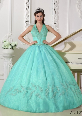 Discount Puffy Halter Beading and Appliques 2014 Quinceanera Dresses