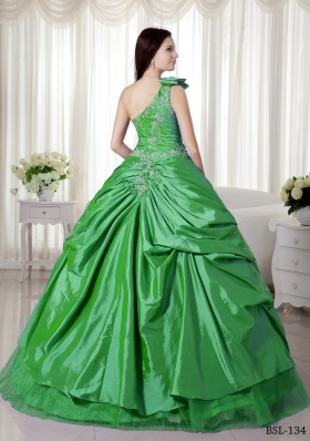 Elegant Puffy One Shoulder with Pick-ups and Appliques for 2014 Quinceanera Dress