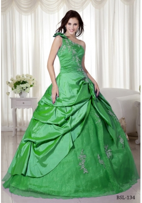 Elegant Puffy One Shoulder with Pick-ups and Appliques for 2014 Quinceanera Dress