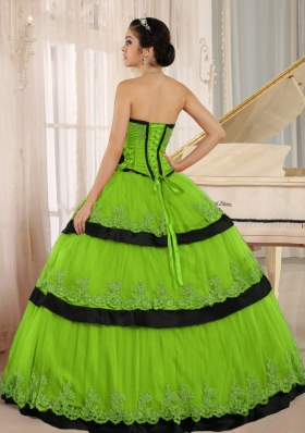 Lace Custom Made For 2014 Spring Green and Black Quinceanera Dress with Ruffled Layers