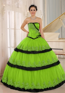 Lace Custom Made For 2014 Spring Green and Black Quinceanera Dress with Ruffled Layers
