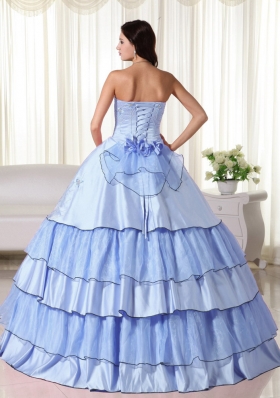 Light Blue Puffy Strapless with Ruffled Layers and Hand Made Flower2014 Quinceanera Dresses