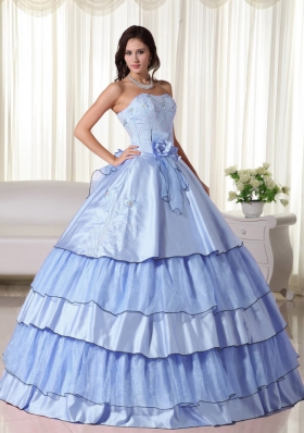 Light Blue Puffy Strapless with Ruffled Layers and Hand Made Flower2014 Quinceanera Dresses