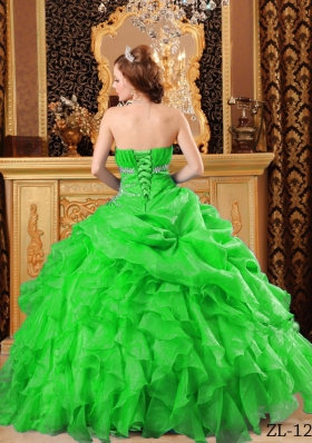 Perfect Green Puffy with Beading and Ruffles Quinceanera Dress for 2014