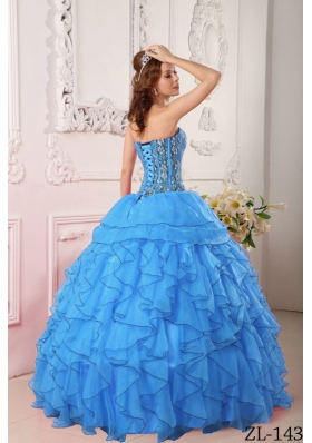 Popular Aqua Blue Puffy Sweetheart Ruffles and Beading Quinceanera Dresses for 2014