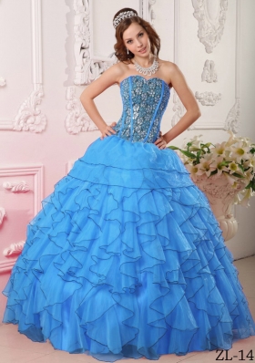 Popular Aqua Blue Puffy Sweetheart Ruffles and Beading Quinceanera Dresses for 2014