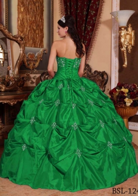 Puffy Strapless with Pick-ups and Appliques Decorate for 2014 Green Quinceanera Dress