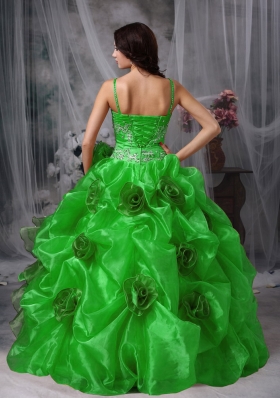 Sweet Green Puffy Straps Beading for 2014 Quinceanera Dress with Ruffles