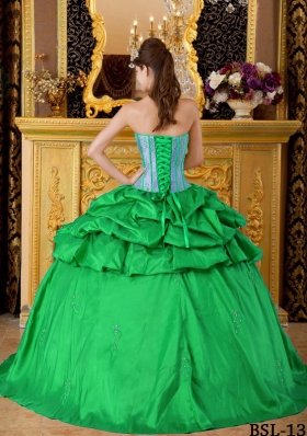 The Super Hot Green Puffy Strapless with Pick-ups and Appliques Quinceanera Dress for 2014