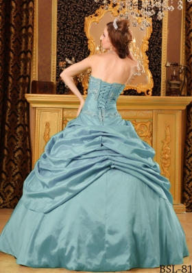 Vintage Blue Puffy Strapless Beading Quinceanera Dresses With Pick-ups