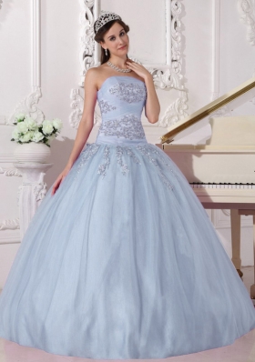 2014 Brand New Light Blue Puffy Strapless Beading Quinceanera Dresses with Appliques