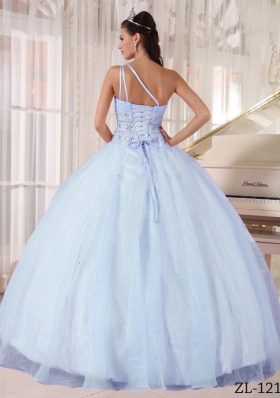 2014 Gorgeous One Shoulder Light Blue Puffy Quinceanera Dress with Beading