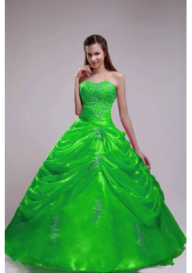 2014 Green Puffy Strapless Orangza Quinceanera Dress with Pick-ups and Applqiues