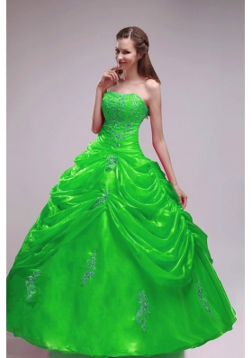 2014 Green Puffy Strapless Orangza Quinceanera Dress with Pick-ups and Applqiues