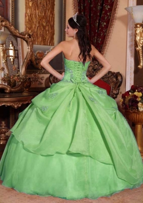 2014 Green Puffy Strapless with Appliques and Beading Quinceanera Dress