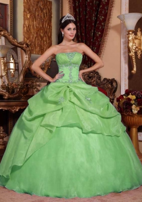 2014 Green Puffy Strapless with Appliques and Beading Quinceanera Dress