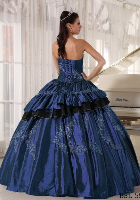 2014 Popular Strapless Puffy Beading Navy Blue Quinceanera Gowns