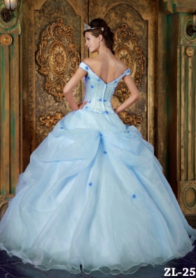 2014 Romantic Puffy Off The Shoulder Appliques Light Blue Quinceanera Dresses