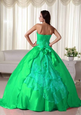 Brand New Puffy Strapless for 2014 Ruching Green Quinceanera Dress with Appliques