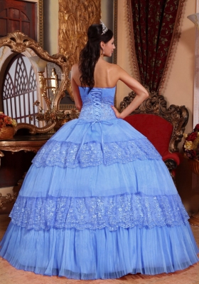 Cheap Puffy Strapless 2014 Lace Appliques Quinceanera Dresses with Ruffled Layers