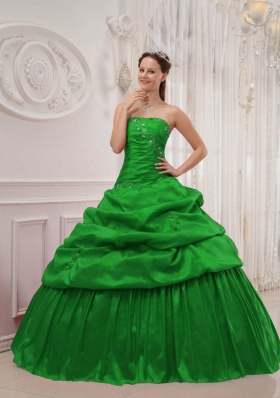 Cute Puffy Strapless for 2014 Green Quinceanera Dress with Pick-ups