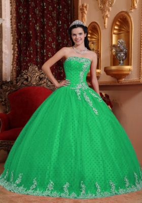 Elegant Ball Gown Strapless for 2014 Lace Appliques Quinceanera Dress in Green