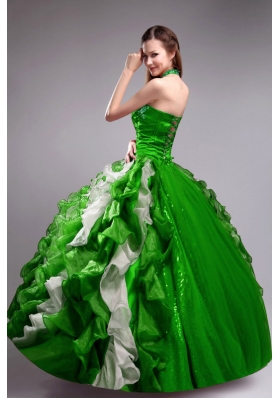 Elegant Green Puffy Halter for 2014 Quinceanera Dress with Applqiues and Ruffles