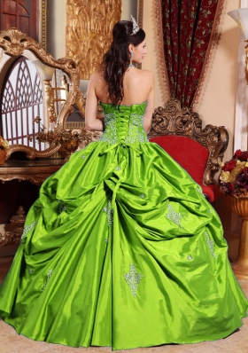 Elegant Puffy Strapless with Pick-ups and Appliques Decorate for 2014 Green Quinceanera Dress