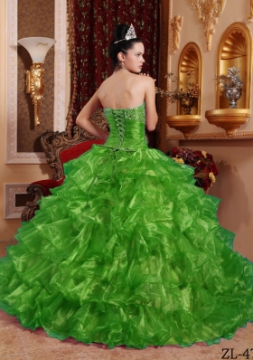 Exclusive Puffy Strapless with Ruffles and Beading for 2014 Green Quinceanera Dress