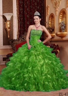 Exclusive Puffy Strapless with Ruffles and Beading for 2014 Green Quinceanera Dress