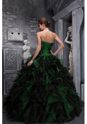 Exclusive Strapless for 2014 Appliques and Ruffles for Green and Black Quinceanera Dress