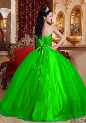 Green Puffy Sweetheart for 2014 Beading Quinceanera Dress with Bow