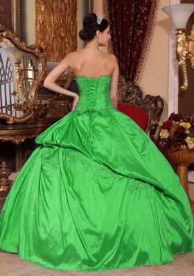 Inexpensive Spring Green Puffy Strapless Beading Decorate for 2014 Quinceanera Dress