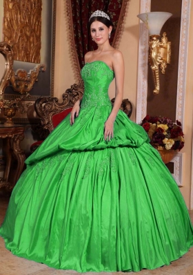 Inexpensive Spring Green Puffy Strapless Beading Decorate for 2014 Quinceanera Dress