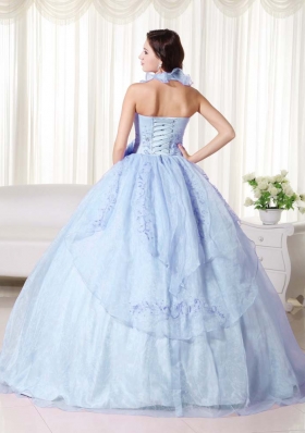 Light Blue Puffy Halter Embroidery and Beading 2014 Quinceanera Dresses