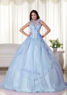Light Blue Puffy Halter Embroidery and Beading 2014 Quinceanera Dresses
