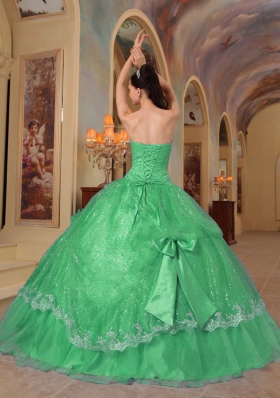 Lovely Puffy Strapless Bows Sequins for 2014 Green Quinceanera Dress