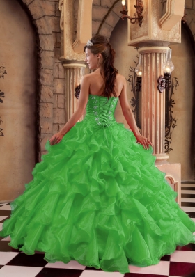 Modest Puffy Sweetheart Ruffles for 2014 Green Quinceanera Dress with Beading