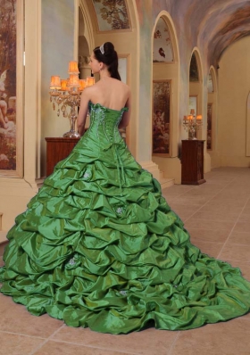 Petty Green Puffy Strapless Court Train Pick-ups Quinceanera Dress for 2014