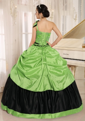 Pretty One Shoulder For 2014 Appliques for Green Quinceanera Dress with Bowknot