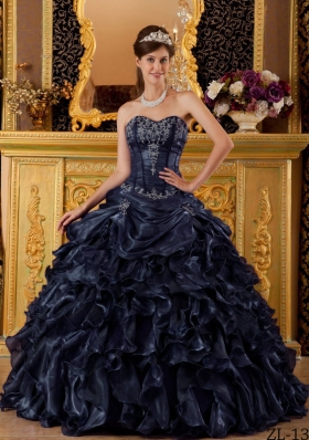 Puffy Princess Sweetheart Ruffles and Appliques Navy Blue Quinceanera Dresses