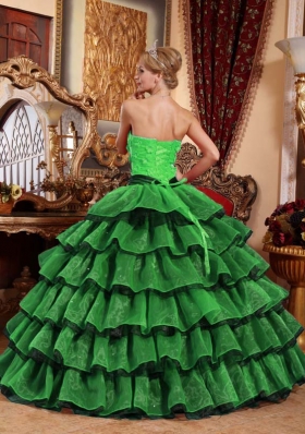 Puffy Strapless with Ruffled Layers and Appliques for 2014 Green and Black Quinceanera Dress